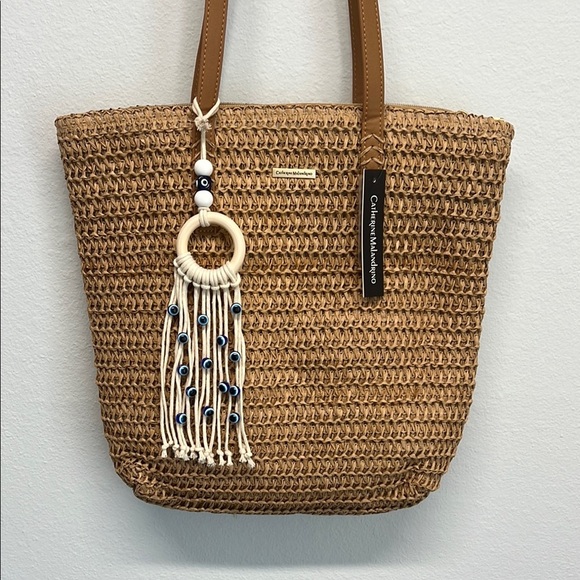 Catherine Malandrino Natural Woven Tote with Brown Handles - Picture 1 of 10